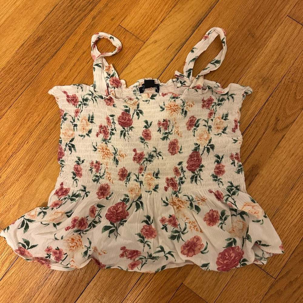 American Eagle Outfitters Cream and Red Sleeveless Camisole with Smocked Ruffles